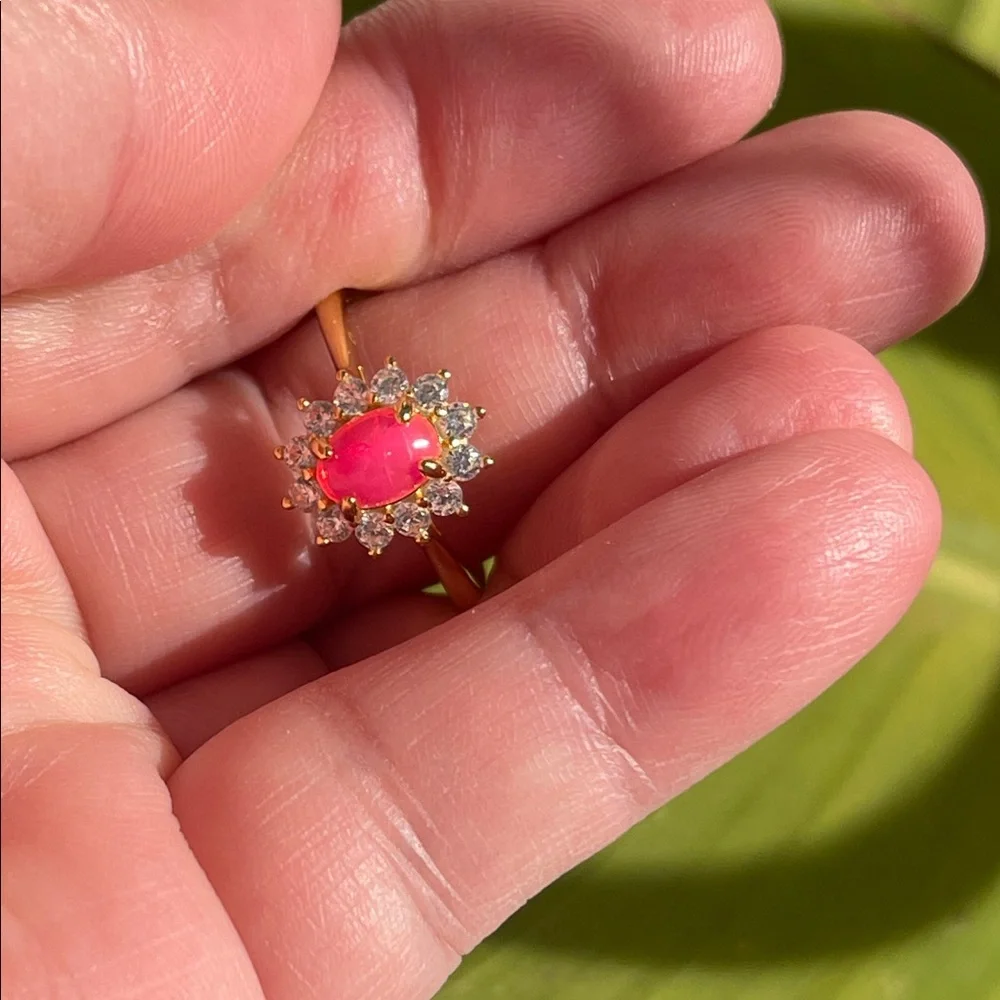NWT Natural Pink Opal with CZ Accent Ring 18k YG Plated over 925 Silver Size 8